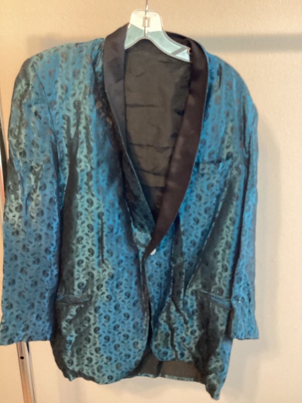 60s Vintage Men’s Silk Brocade Blue Black Tux Dinner Jacket Size 42 MOD Atomic