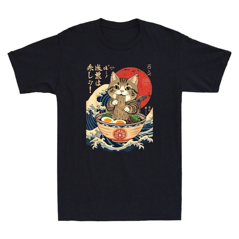 Cat Eating Ramen Noodles Funny Japanese Anime Manga Cat Graphic Men’s T-Shirt