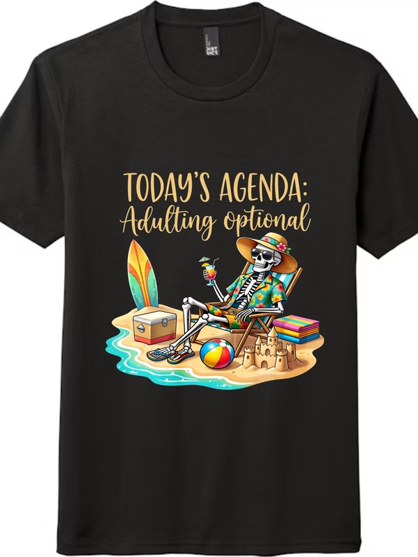 Today’s Agenda Adulting Optional Skeleton Beach Summer Meme Graphic T-Shirt Tee