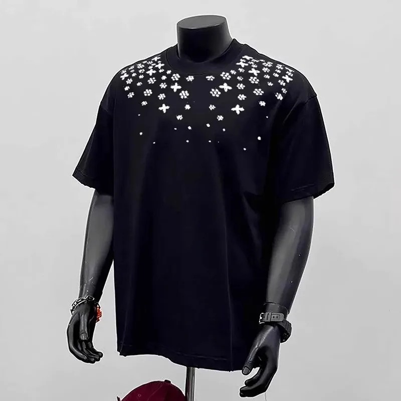 Men’s Floral Rhinestone Short Sleeve Tee Luxury Sparkly Casual Mock Neck T-Shirt
