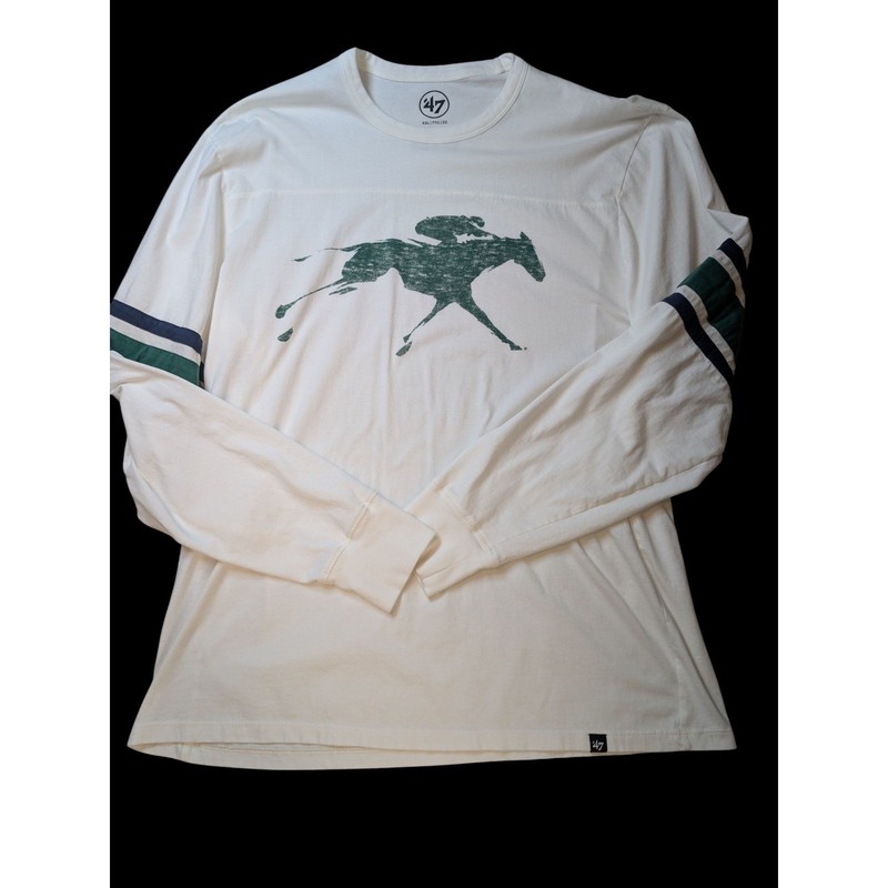 ’47 Brand White Green Horse Jockey Long Sleeve Tee Mens Size XXL Y2K