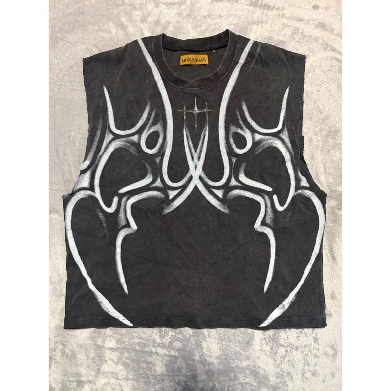 Unknown London Muscle Tee Mens L Black Tribal Graphic Y2K Streetwear Tank Top