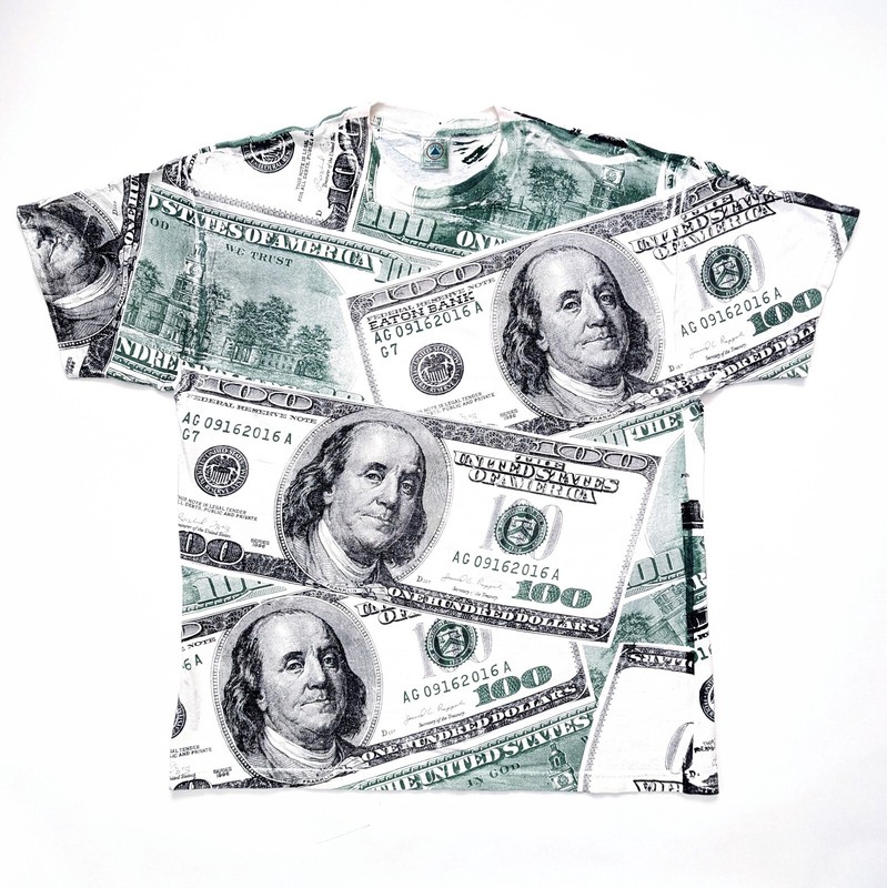 Vintage 90s Y2k Hundred Dollar Bill Money Cash USA All Over Print T-Shirt XL