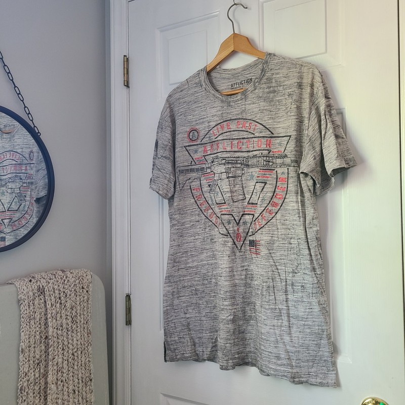 Affliction Freedom Defender Flag Foil T Shirt Sz XL Grey Red Blue Patriotic