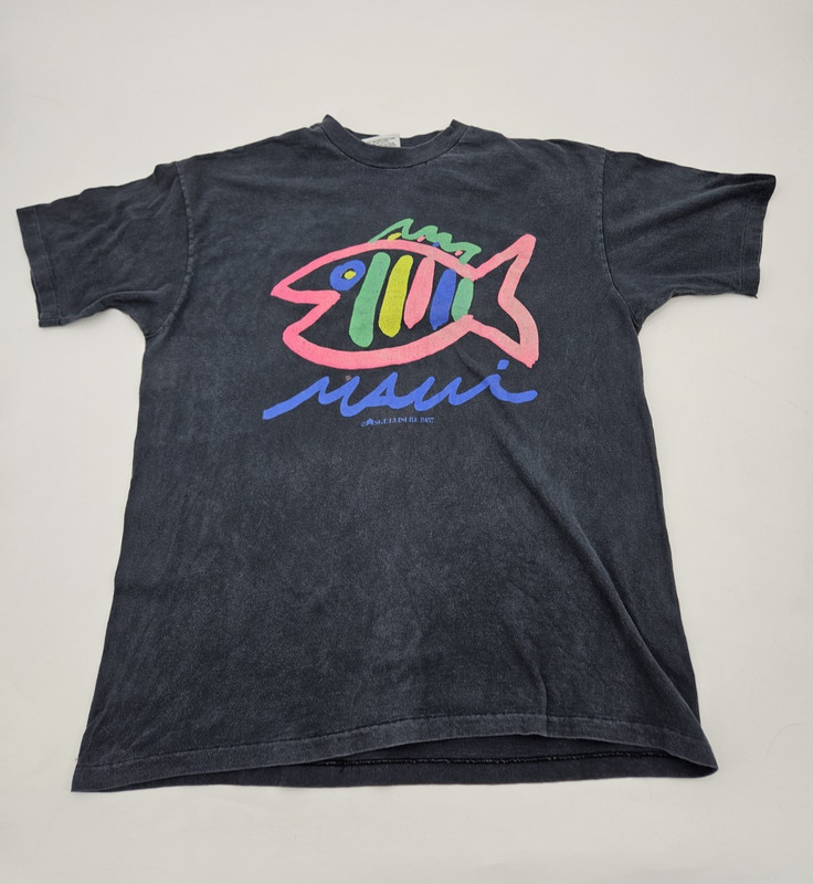 Vintage MAUI SGT. LEISURE Fish Shirt Men’s Size XL Black Fish Tee T-Shirt Neon