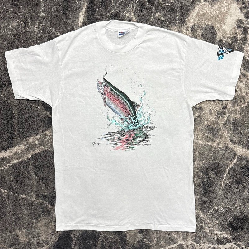 Vintage Fish Shirt Mens Large 90s Single Stitch Nature Fishing Animals USA Made