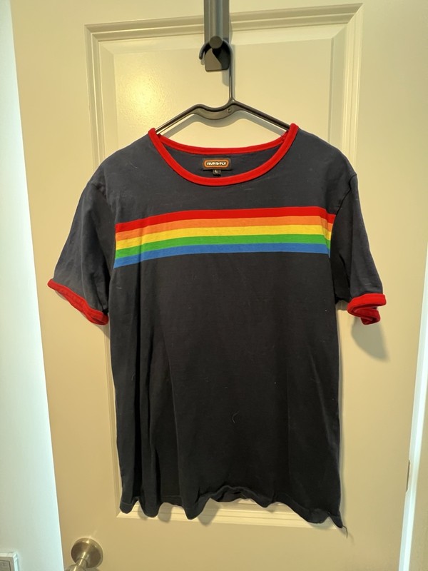 Run & Fly Men’s Rainbow Stripe Navy Red Trim Cotton Short Sleeve T-Shirt L
