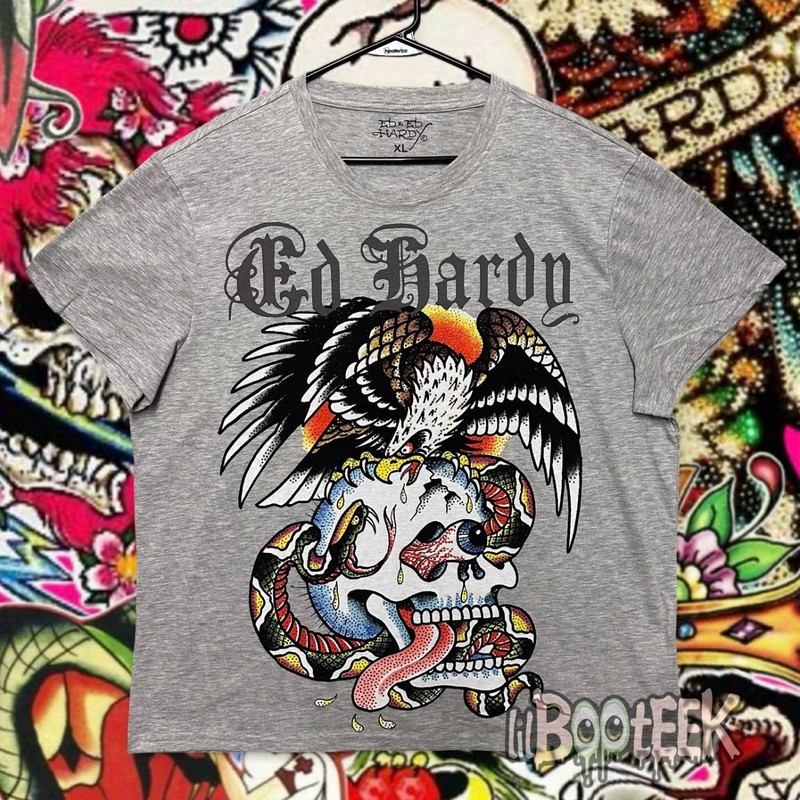 Ed Hardy Mens XL Heather Gray T-Shirt Rhinestone Skull Eagle Snake Logo NEW Y2K