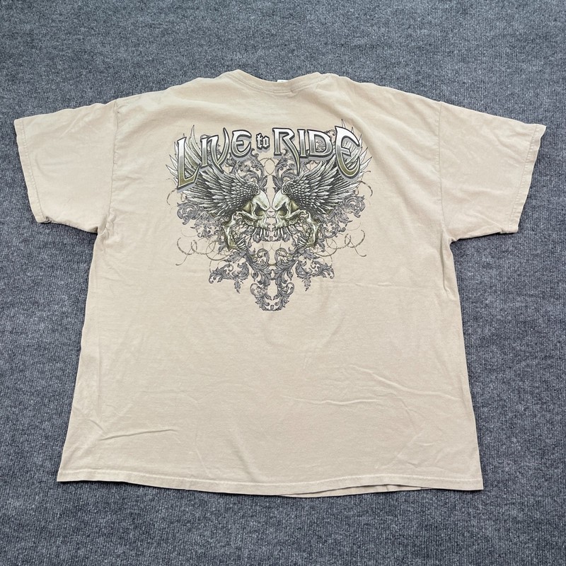 Live To Ride Eagle Wings Skull Biker Shirt 2XL 25x29 Beige