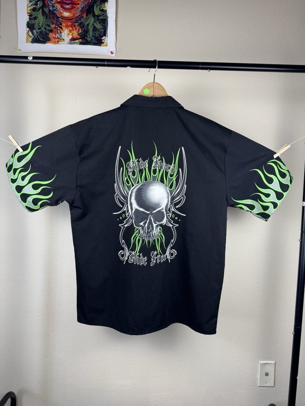 Rare Vintage Y2K Dragonfly black button up shirt with green flames and skull