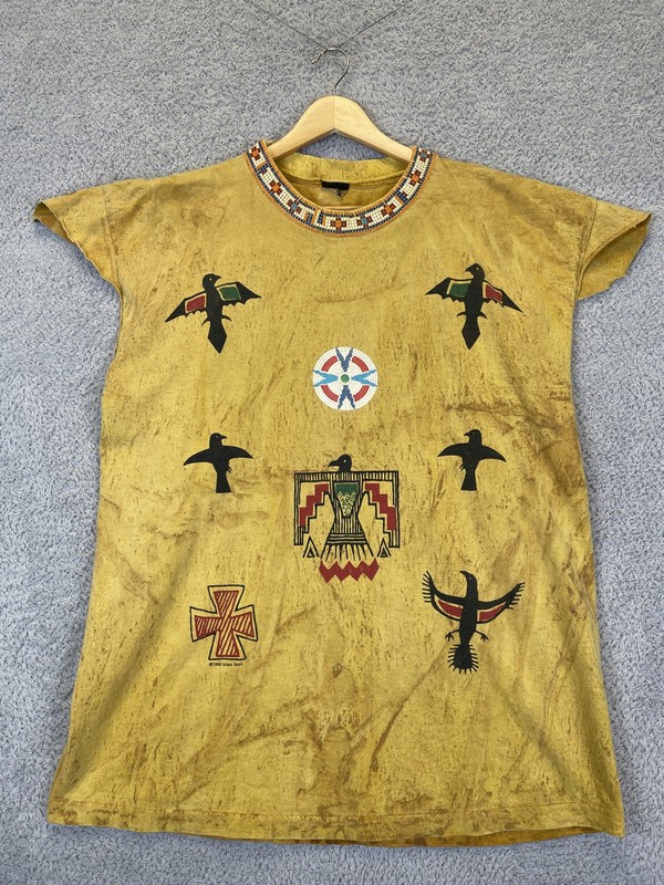 Vintage Factory Artwear Beaded Aztec Native American Totem Shirt Size Large