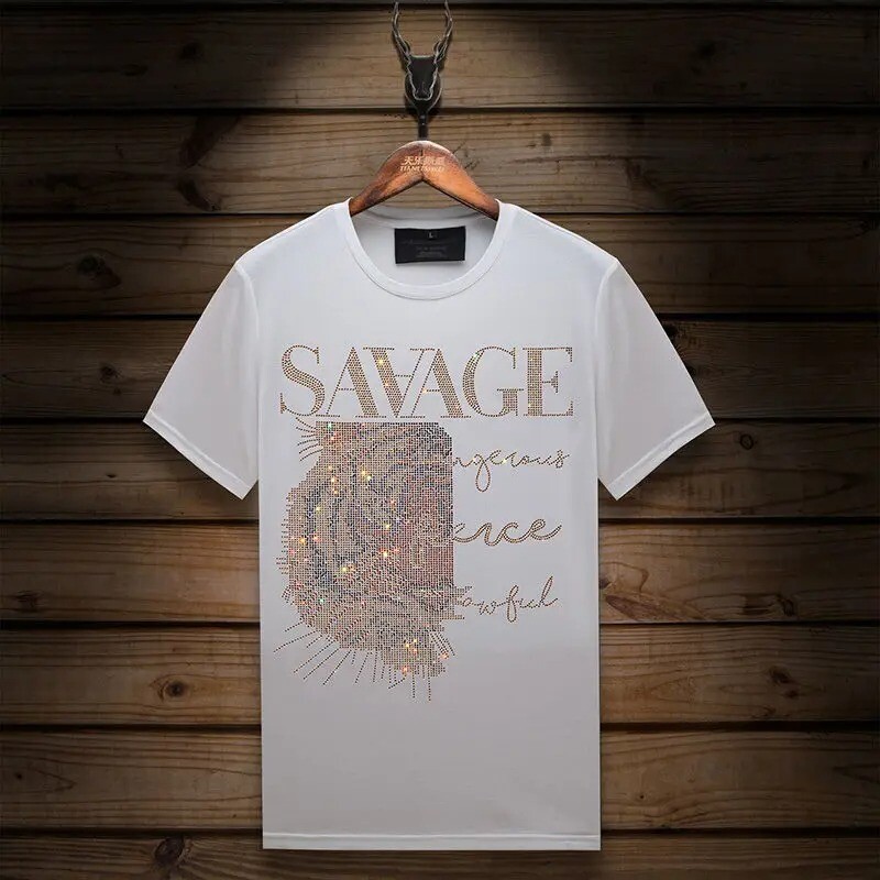 New Fashion Tiger Head Trend Rhinestones Summer Short Sleeve Luxury Men T-Shirt gallery