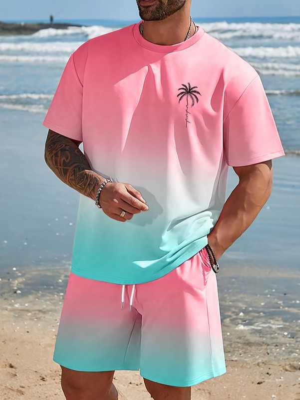 Two-piece men's casual sportswear set with a Hawaiian-inspired gradient design gallery