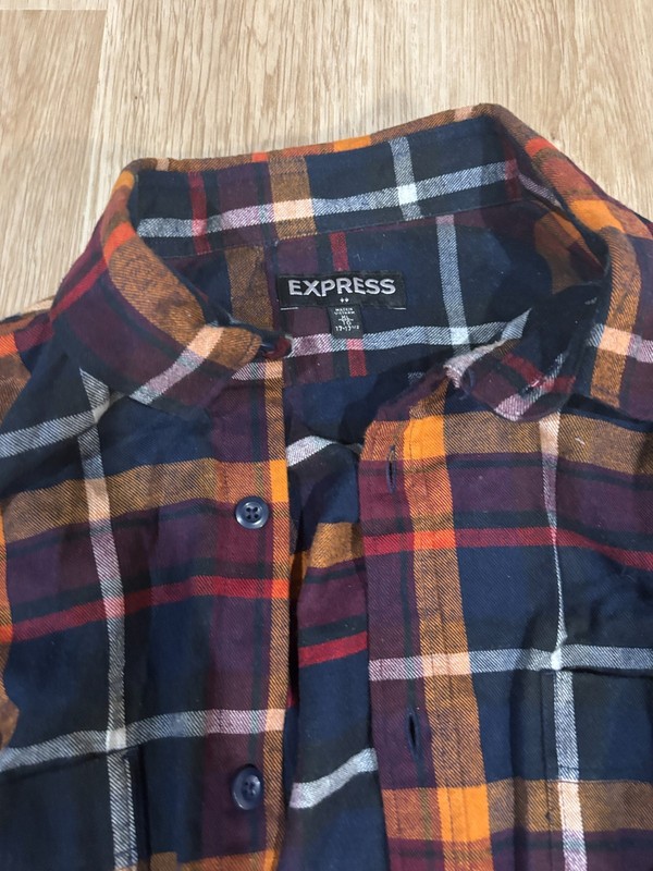Express Men Button up 17 sz 17.5 Size XL shirt long sleeve plaid navy orange gallery