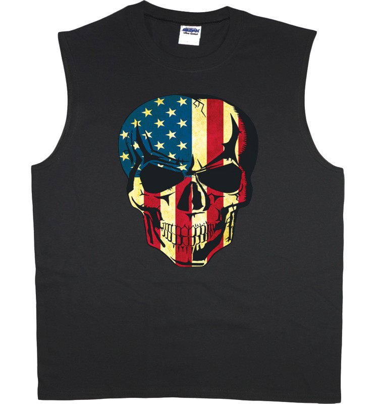 Men’s sleeveless shirt American flag USA skull biker workout muscle tee tank top