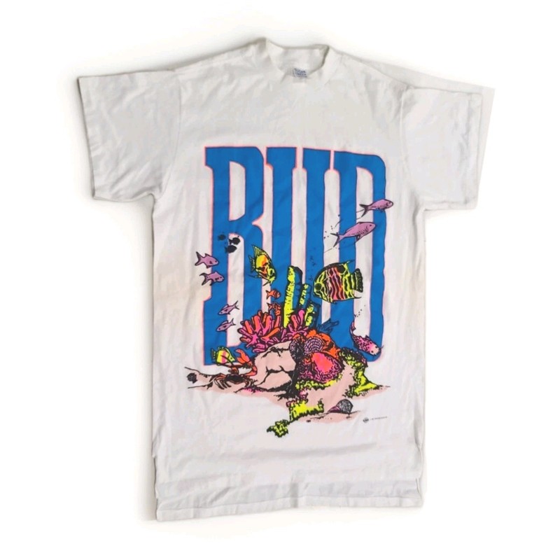 Vintage One Size Fits Most 1991 Bud Light Fish T-Shirt Tee Heavyweight VTG 90s