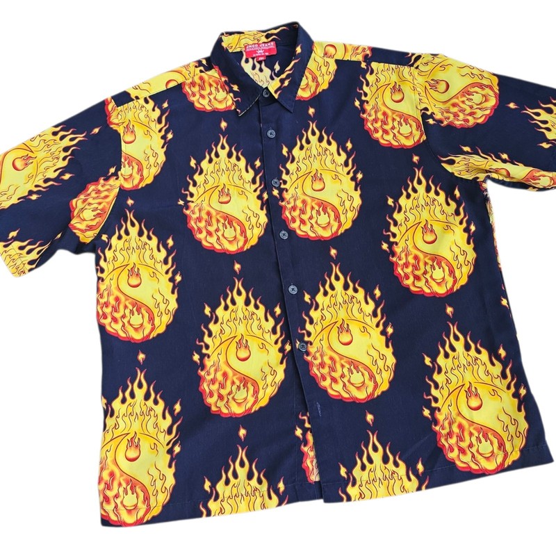 Vintage JNCO Jeans Yin & Yang Flames AOP All Over Print Button Up Shirt Mens XXL
