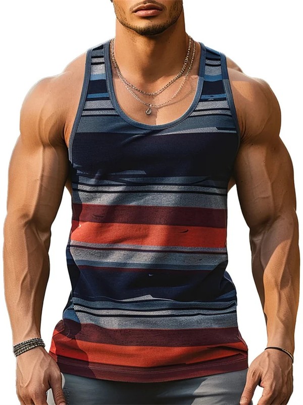 Retro Striped 3D Graphic Tank Top for Men – Sleeveless Quick-Dry Summer Vest gallery