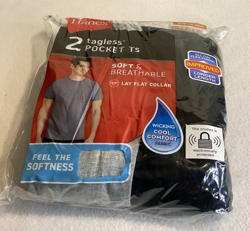 2 Hanes Pocket T-Shirts Men’s Size Medium 38-40″ Short Sleeve Black & Gray NEW