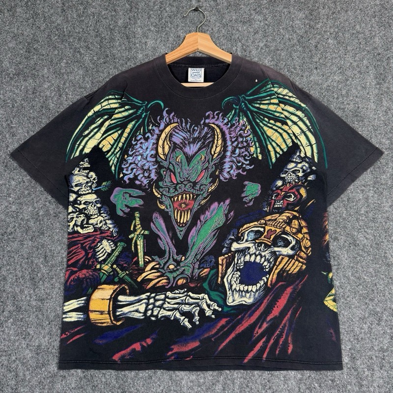 Vintage 90s Wild Oats Dragon Skull All Over Print Tee Rare Metal Faded Black XL