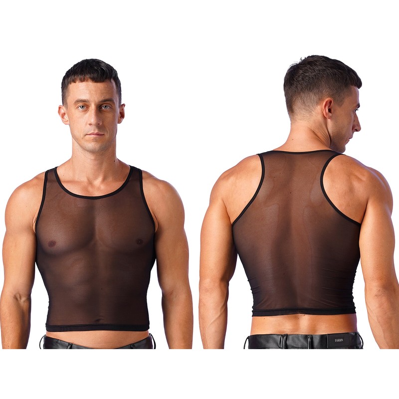 Mens Mesh Sheer Tank Top Vest Shirt Muscle Crop Tops Gym Sports Club Undershirts