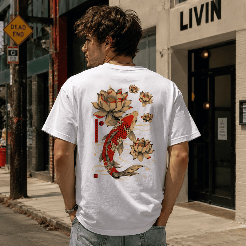 Men'S Casual Short-Sleeve T-Shirt Featuring a Koi Fish And Lotus Flower Print gallery