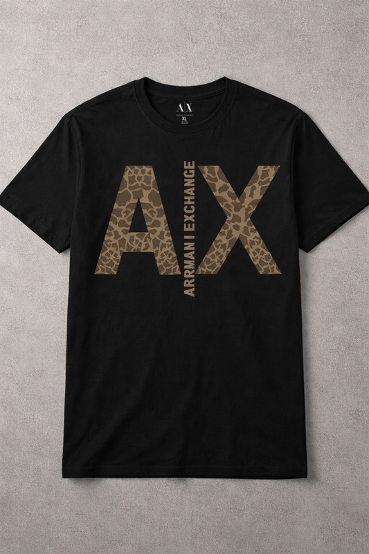 Armani Exchange Animal Print Logo Black Brown Crew Neck Short Sleeve T-Shirt