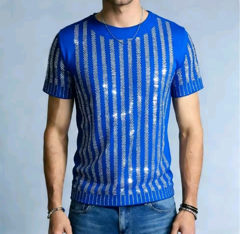 New Men Women Luxury Diamond Rhinestones Fashion Blue Red T-Shirt High Quality
