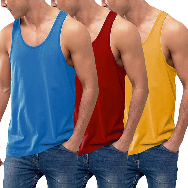 Men’s 3 Pack Cotton Performance Classic Tank Tops (Medium Blue/Red/Yellow)
