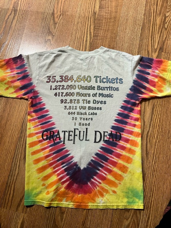 Vintage 1996 RARE Grateful Dead Tour Statistics Small Thrashed Tie Dye Band gallery