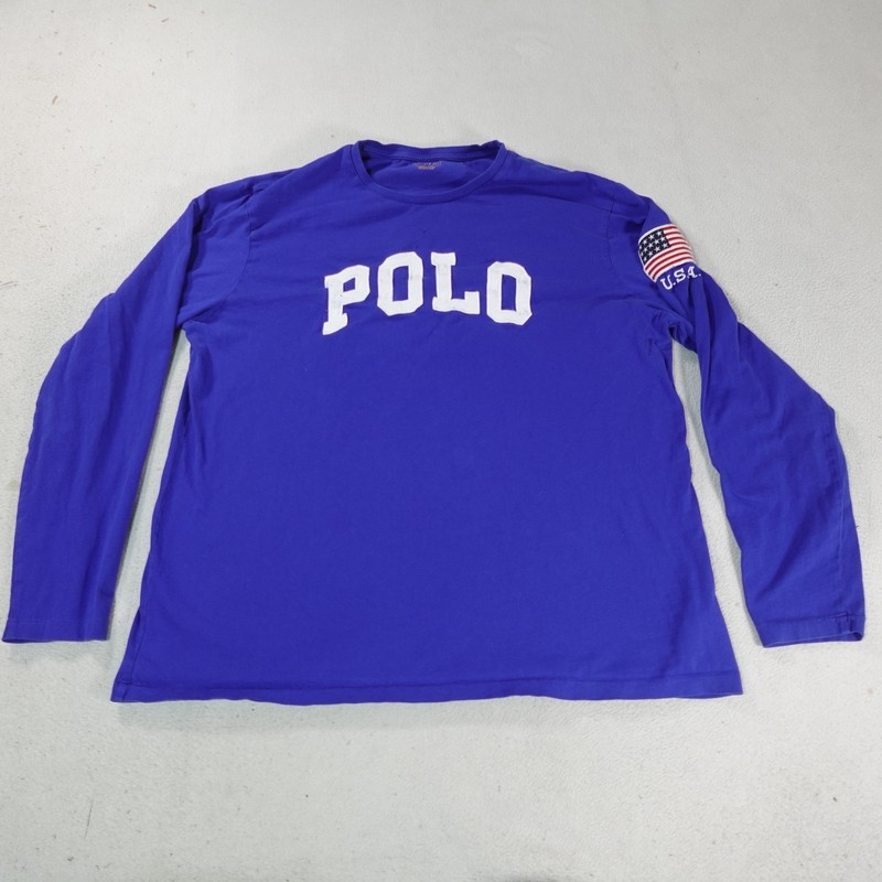 Polo Ralph Lauren Shirt Mens XL Blue Long Sleeve USA Flag Patch Big Logo