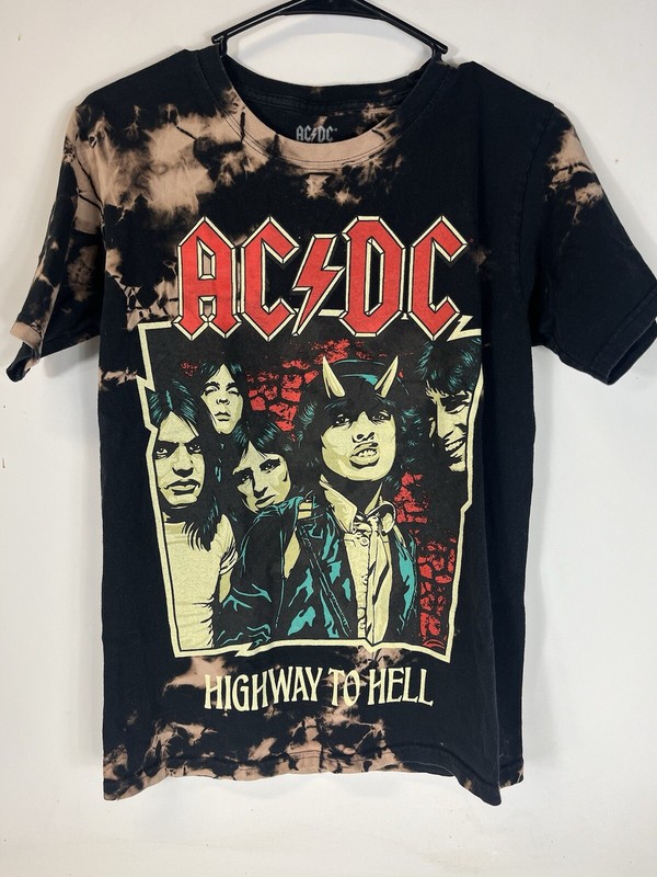 ACDC AC/DC Highway To Hell T Shirt Adult S Tie Dye Metal Rock Black Bleach Wash