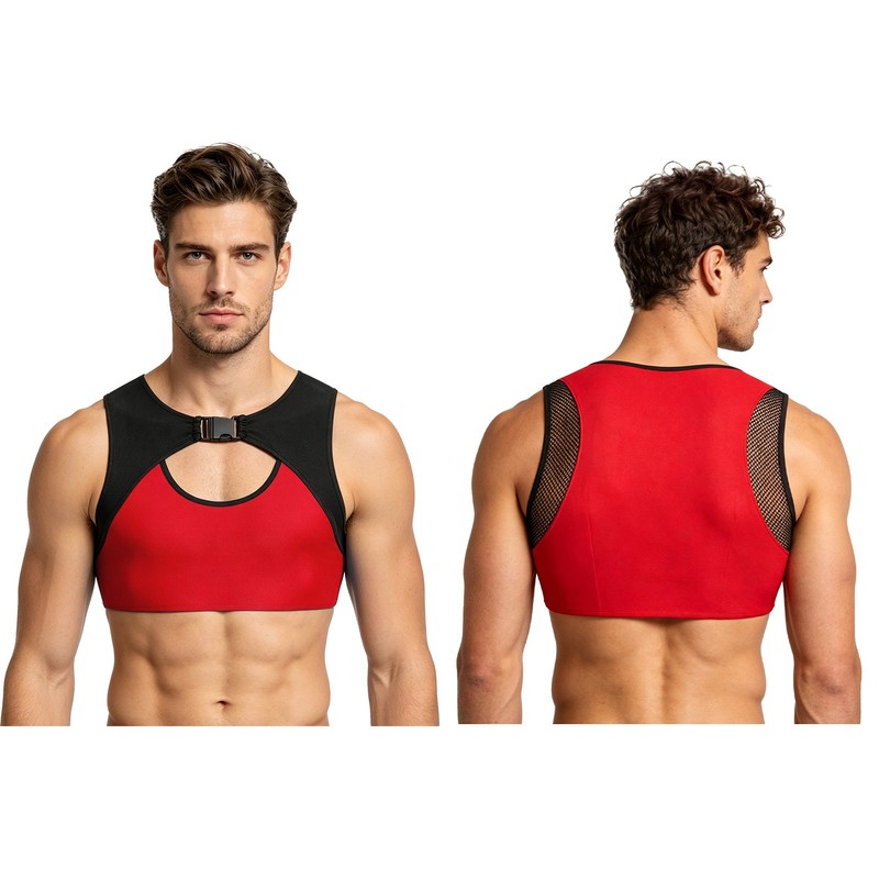Men Crop Top Hollow Out Shirt Midriff-Baring Vest Mesh Panel Undershirt Workout