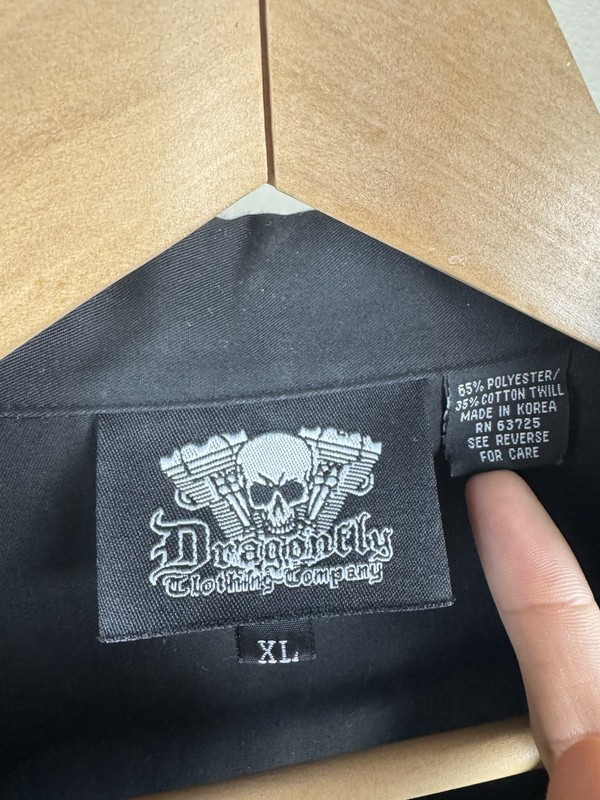 Rare Vintage Y2K Dragonfly black button up shirt with green flames and skull gallery