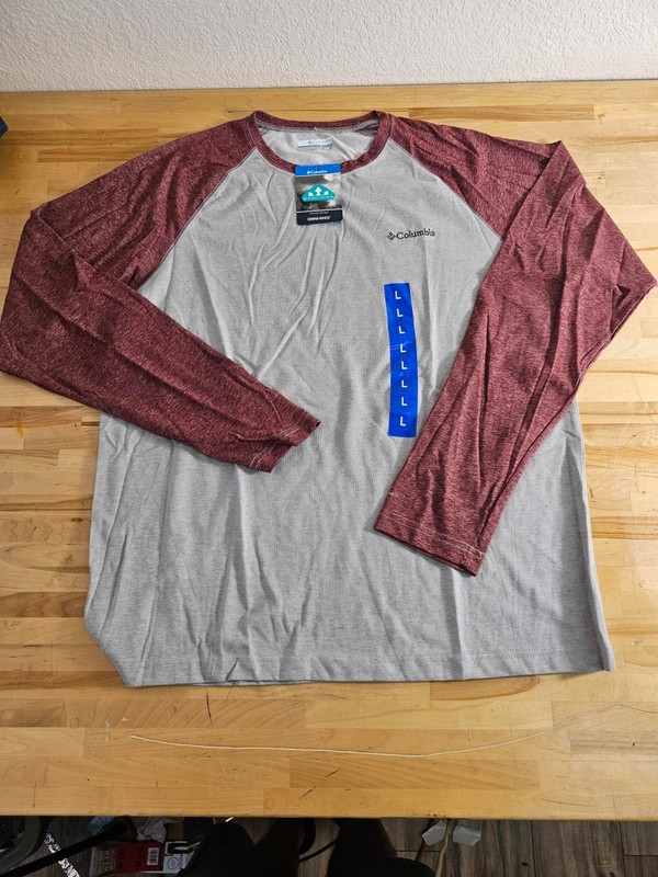 L / LARGE – RED GREY – Men’s Columbia Raglan Long Sleeve Tee Shirt