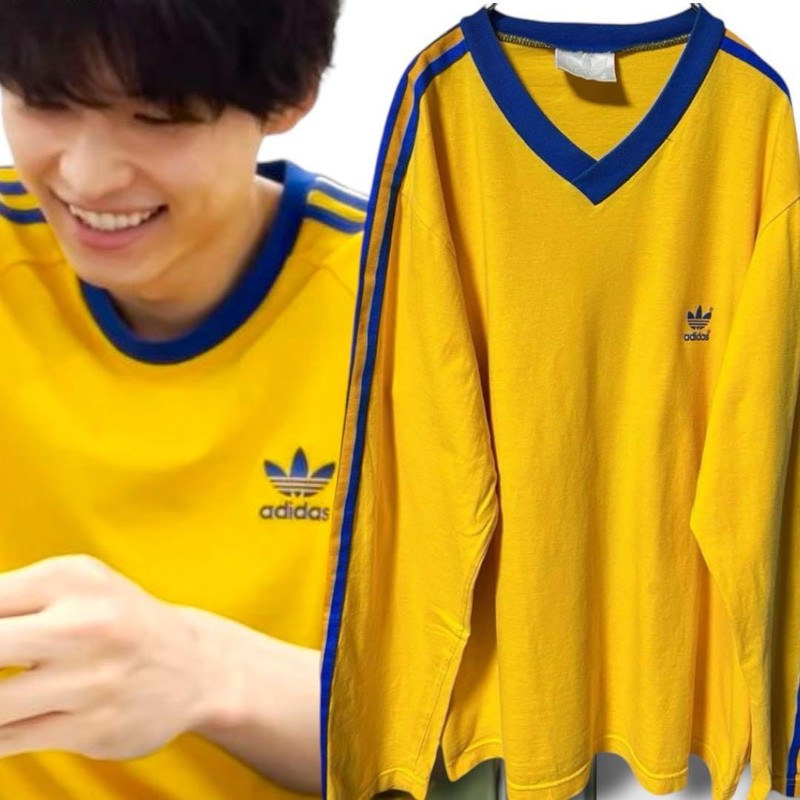 80s Vintage Adidas Trefoil 3-Stripe Long Sleeve V-Neck Tee Yellow L