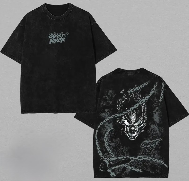 Ghost Rider Skull Fire Vintage Graphic Tee Dark Biker Streetwear T Shirt