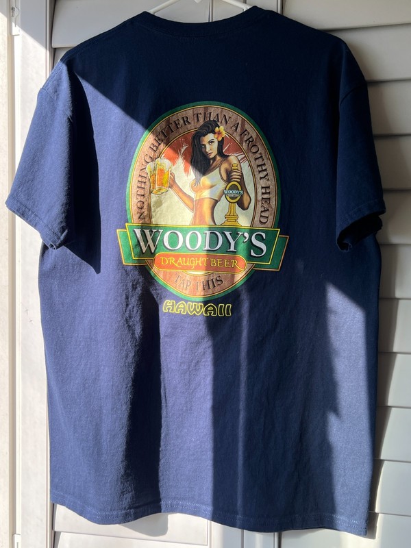 Woody’s Draught Beer Hawaii Woman Bartender Blue Shirt – Size L