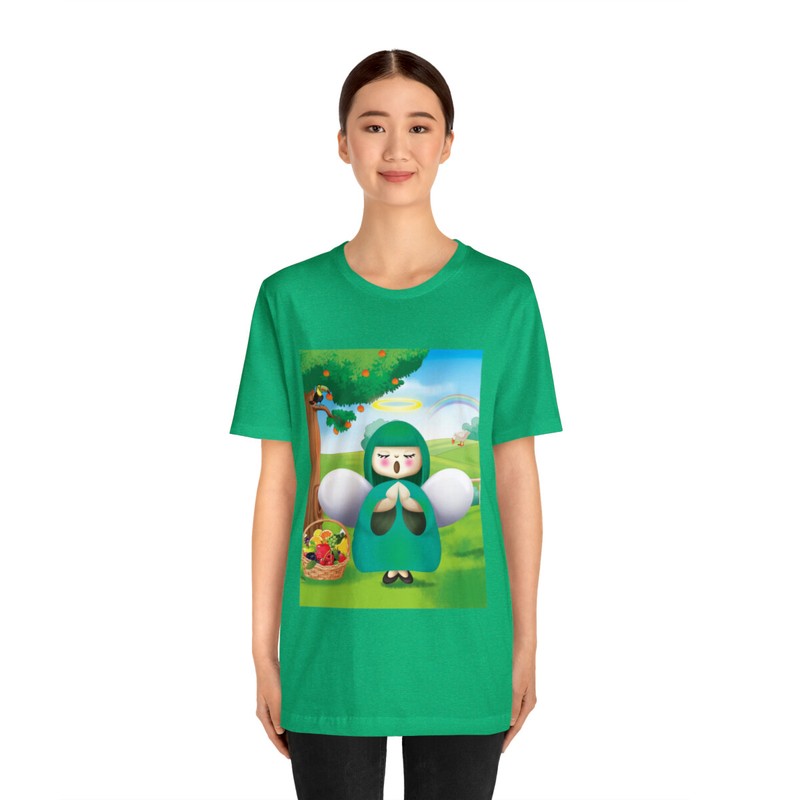 Singing Angel Charm in the field w/ fruit tree & basket, Green Short Sleeve Tee