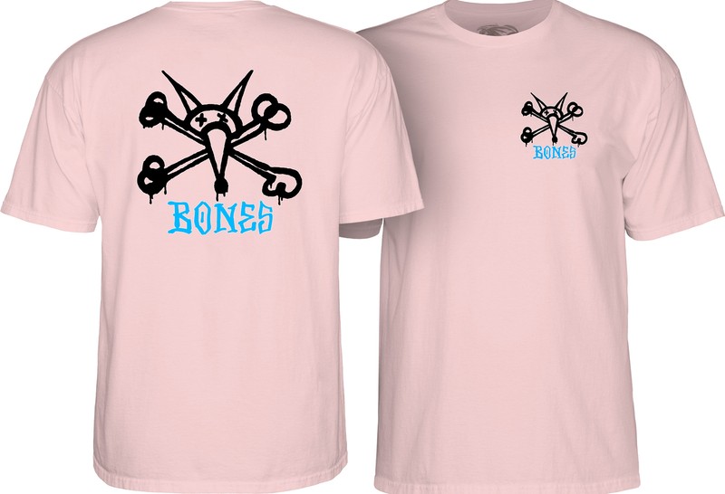Powell Peralta RAT BONES Skateboard T Shirt LIGHT PINK w/BLUE Bones Logo
