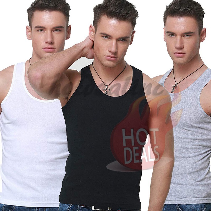 Lot 3 or 6 Pack Men Black Cotton Tank Top A-Shirt Wife Beater Ribbed Undershirt gallery