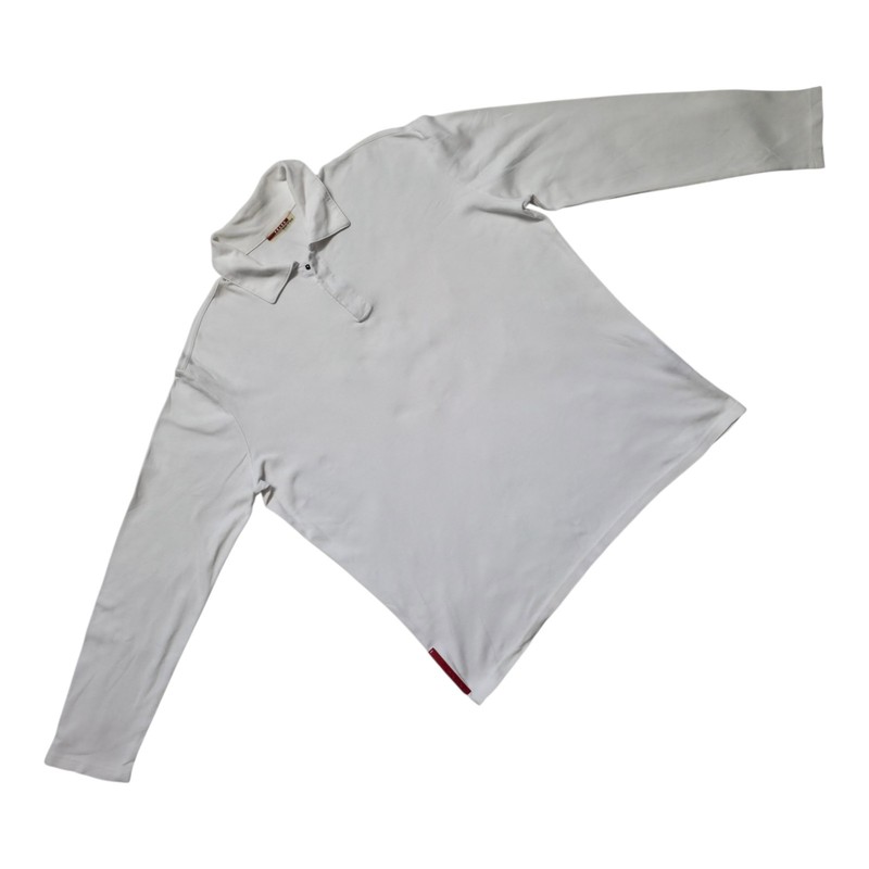 “Prada White LS Stretchable Polo Shirt Red Logo Patch”