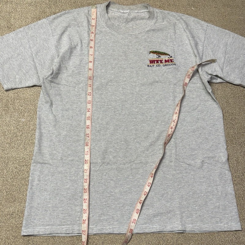 VTG Bite Me Fishing Bait Co Oregon Mens Single Stitch T Shirt L Micro Stripe gallery