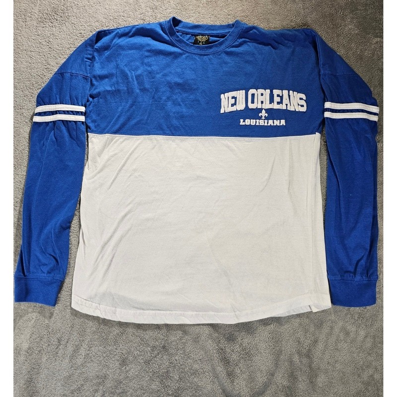 NOLA S&G New Orleans Louisiana Spirit Jersey Blue White Puff Print Shirt Medium