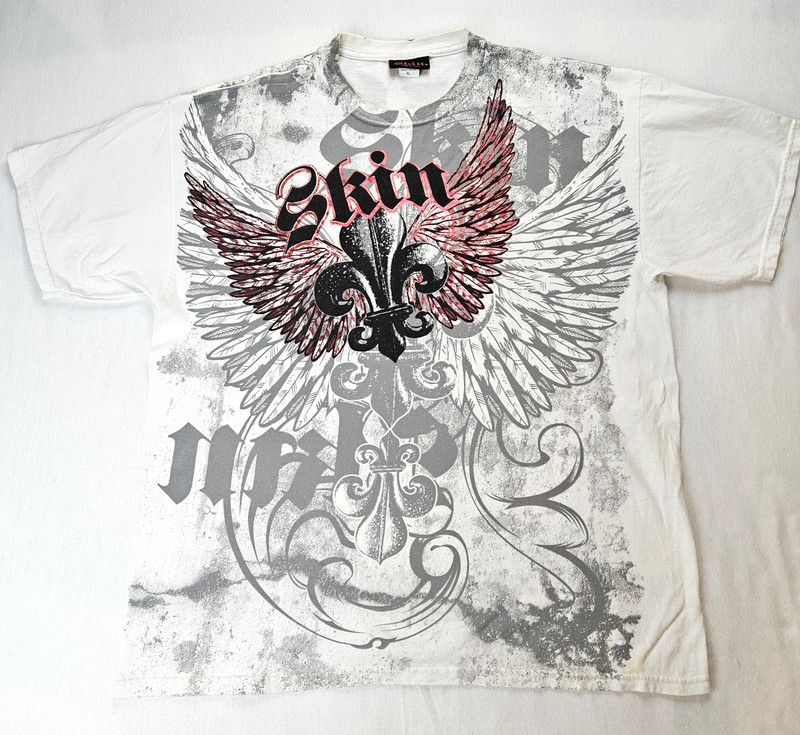 Vintage Skin Industries T-Shirt Mens XL White Red Foil Graphic Double Sided Y2K