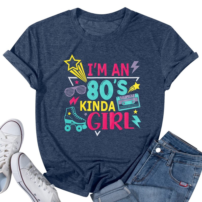 Vintage 80’s Women’s I’m an 80’s Girl Graphic Tee Short Sleeve Top, Dark Blue, S