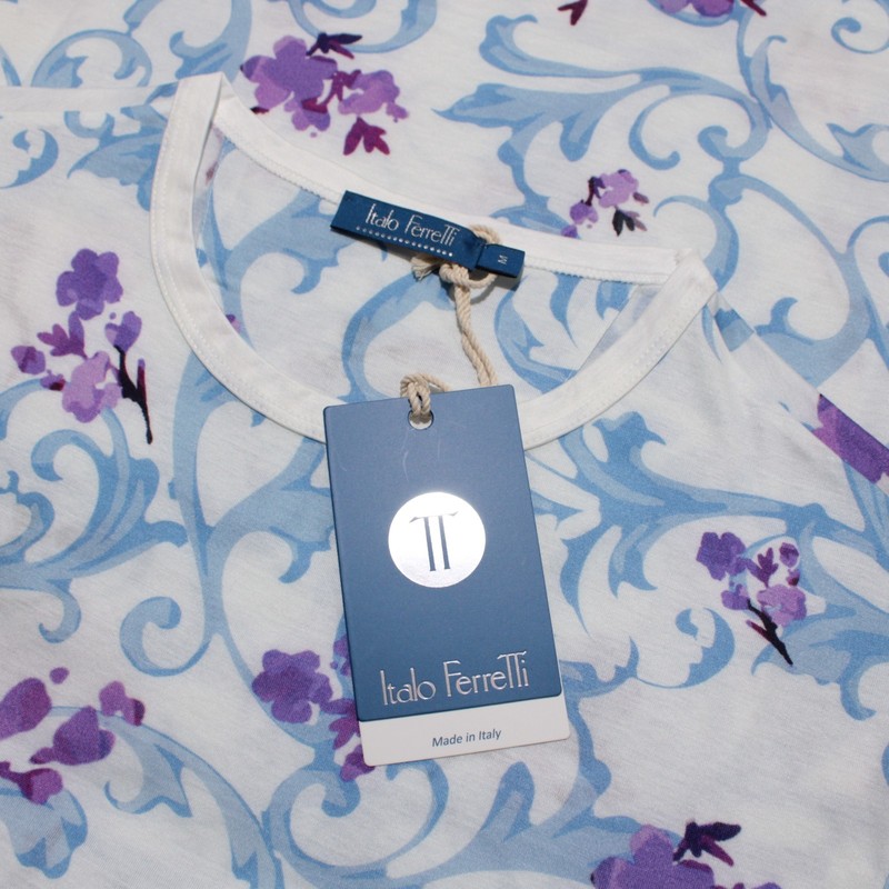 Italo Ferretti NWT Short Sleeve Crew Neck T-Shirt Size M White/Blue Cotton