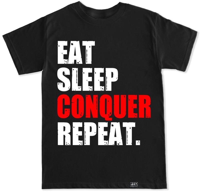 EAT SLEEP CONQUER REPEAT GYM WORKOUT SQUATS WEIGHTS RUNNING FUNNY YOGA T SHIRT