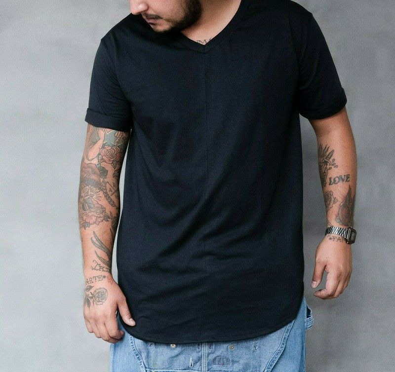 LUCKY BASTARDS CONTEMPORARY MODERN BLACK V NECK SHIRT EXTENDED ELONGATED SCOOP