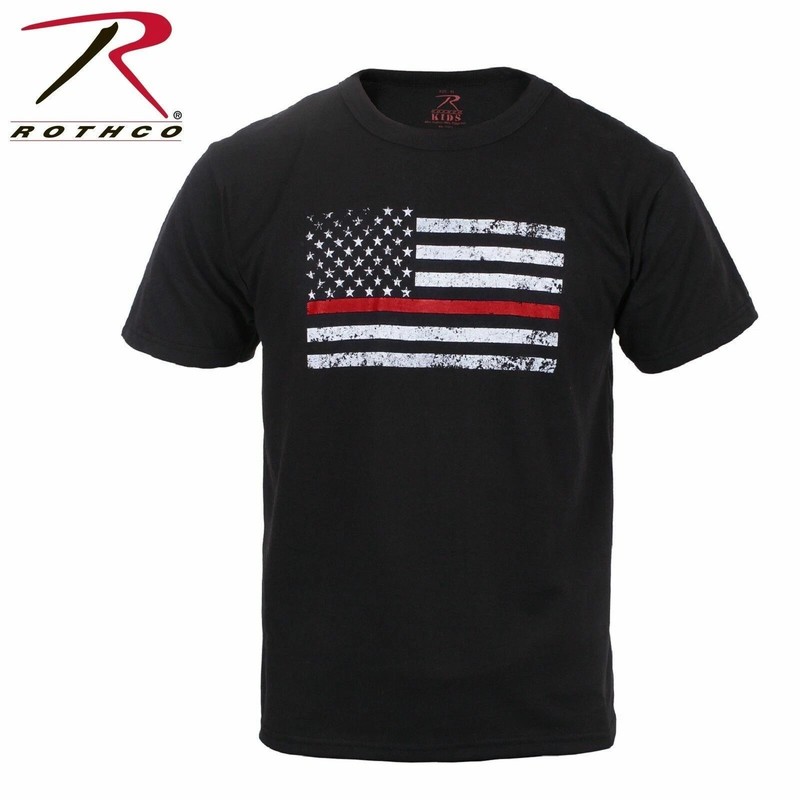 Kids THIN RED LINE T-Shirt – Black w/Red Line Flag -ROTHCO Distressed Flag 6868